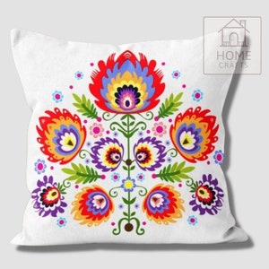 Polish Folk Art Pillow Cover, Wycinanki Flower Cushion, Colorful Ethnic Case Pattern #4