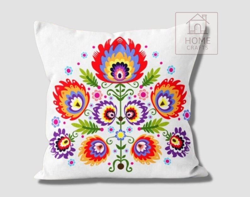 Polish Folk Art Pillow Cover, Wycinanki Flower Cushion, Colorful Ethnic Case Pattern #4