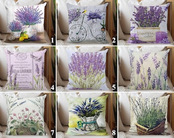 Funda de almohada de lavanda francesa, cojín de granja con flores moradas, decoración rústica provenzal