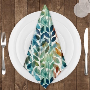 Tovaglioli con motivo a foglie verdi e blu, tovaglioli con motivo a foglie, tovaglioli botanici, tovaglioli di stoffa, decorazioni da tavola in stile fattoria, centrotavola chic