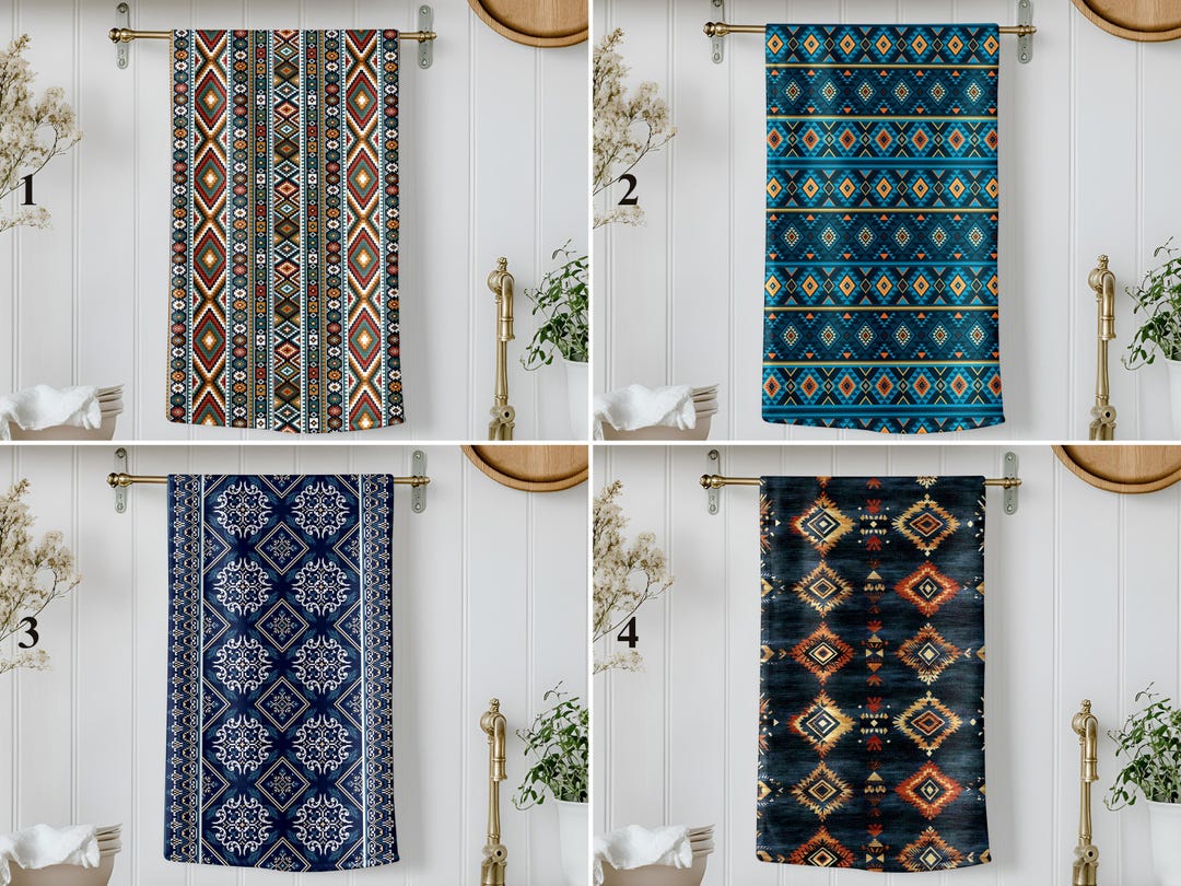 Tribal Pattern Kitchen Towels, Boho Ethnic Dishcloths in Navy, Teal