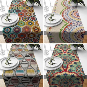 Colorful Table Runner, Geometric Table Top, Multicolored Table Cover, Rectangle Tablecloth, Decorative Kitchen Runner, Boho Table Runner