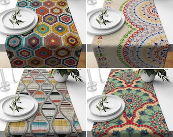 Colorful Table Runner, Geometric Table Top, Multicolored Table Cover, Rectangle Tablecloth, Decorative Kitchen Runner, Boho Table Runner