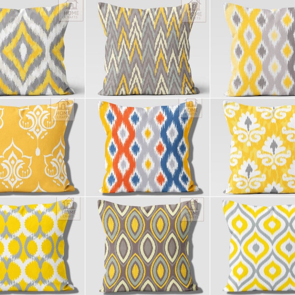 Yellow Ikat Pillow Cover, Geometric Ikat Pillow, Yellow Gray Ikat Throw Pillow, Ikat Pillowcase, Ivory Ikat Cushion Covers |Ikat Cushion