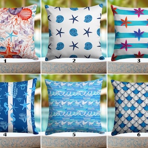 OUTDOOR Starfish Pillow Slipcover, Sea Animals Throw Pillow Cover, Marine Life Cushion Cover, Turquoise Waterproof Cushion Case, Yacht Decor