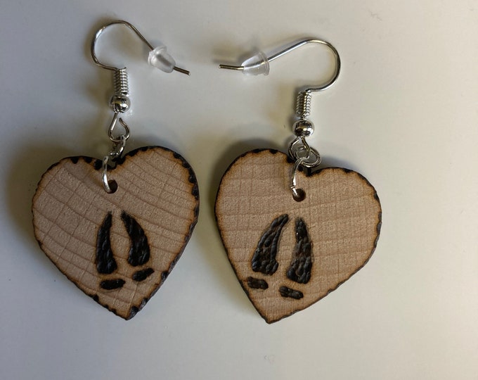 Wood heart earrings with wood burning of deer tracks