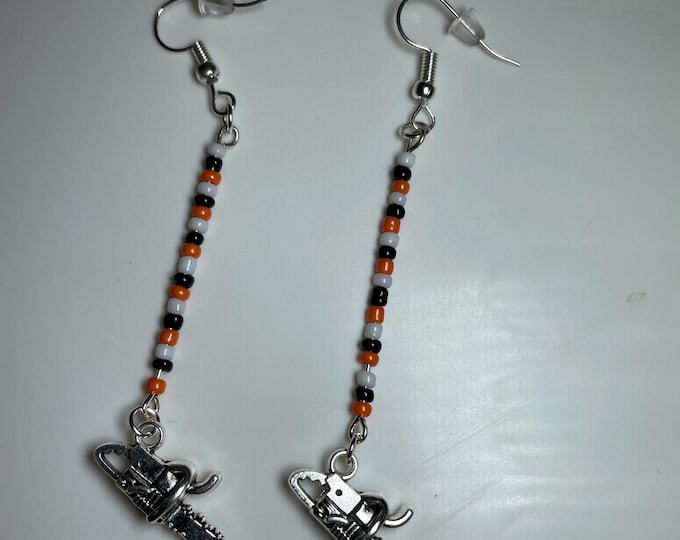 Seed bead earrings with a little chainsaws!