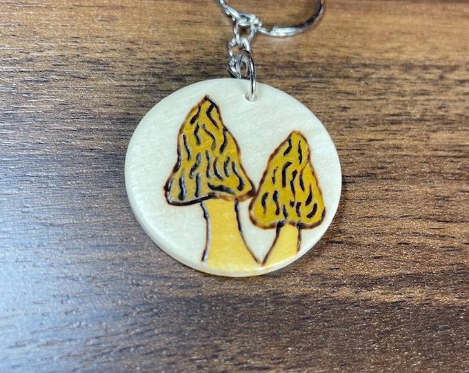 Morel Mushroom Wood burnt and painted by hand keychain!