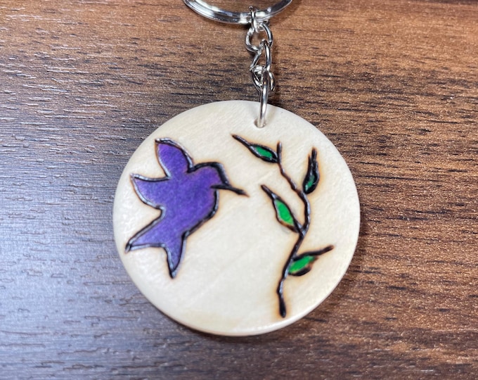 Hummingbird Wood burnt and painted by hand keychain!