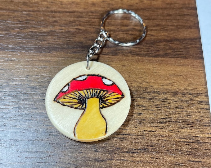 Mushroom Wood burnt and painted by hand keychain!