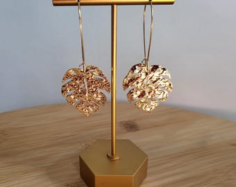 Gold Monstera Leaf Dangle Earrings: Plant Lady Statement Jewelry