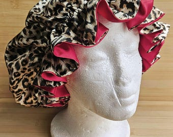 Reversible Satin Bonnet Red & Animal Print Silky Satin Sleep Cap