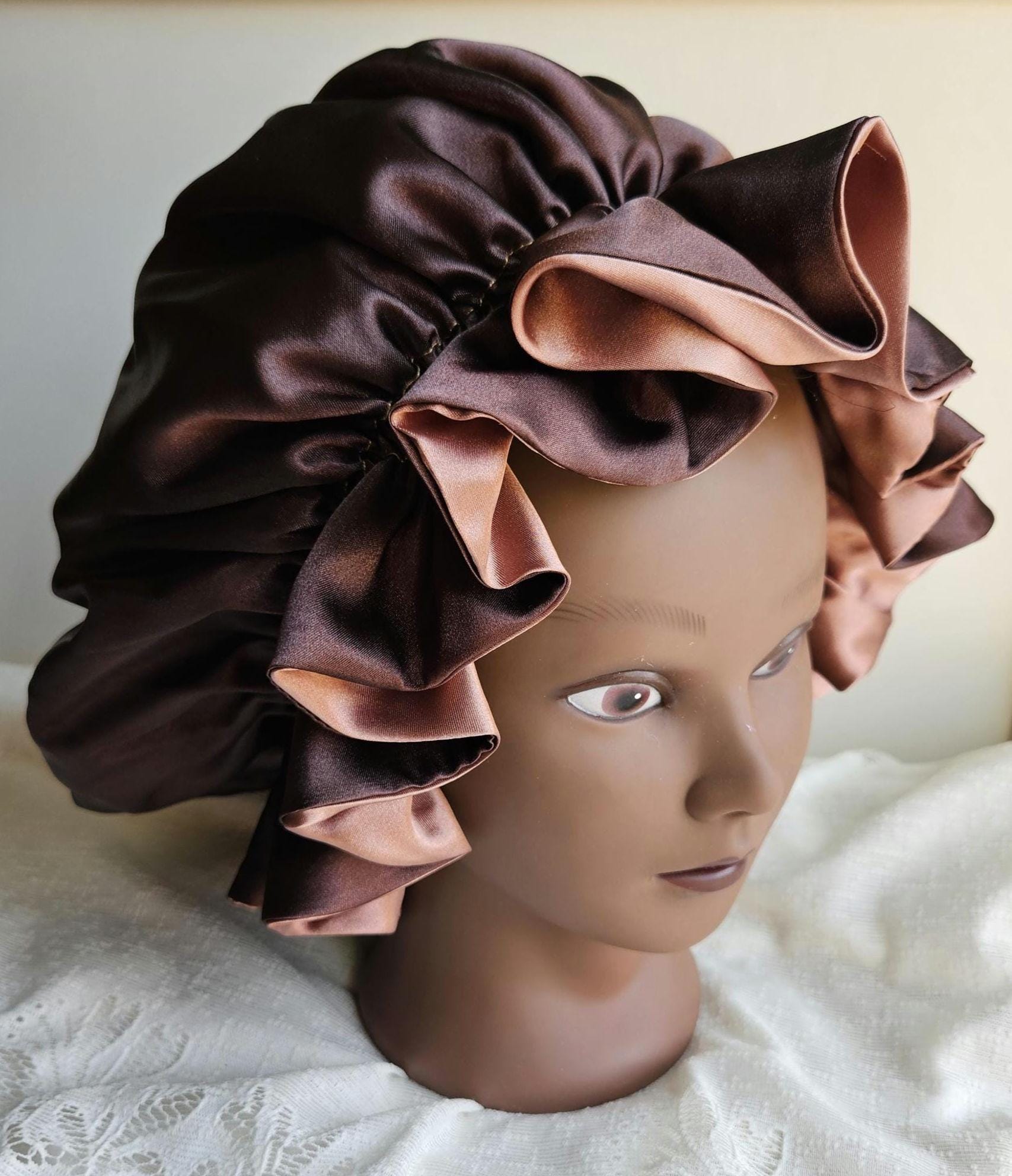 Satin Hair Bonnet for Sleeping and Lounging Handmade Bonnet for Frizz Control Reversible Satin Bonnet - Chocolate and Cappuccino