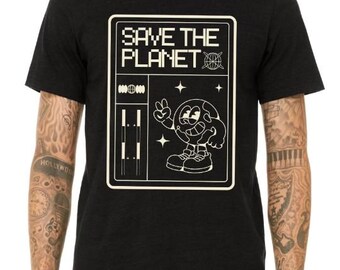 May include: Black t-shirt with a white graphic of a cartoon character holding a globe. The graphic says "Save the Planet" and has a pixelated design.