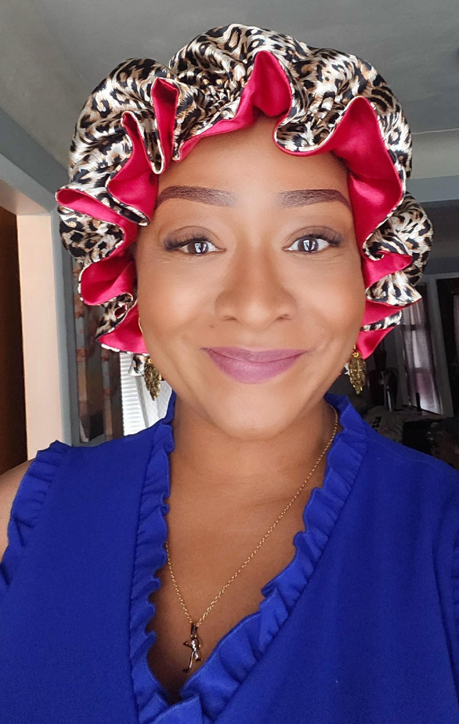 Reversible Satin Bonnet Red & Animal Print Silky Satin Sleep Cap Double-Sided Luxurious Satin Sleep Bonnet