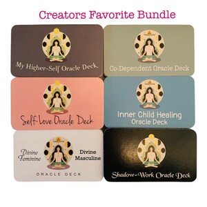 May include: A set of six oracle decks with colorful backgrounds and illustrations of a woman meditating. The decks are titled "My Higher-Self Oracle Deck", "Co-Dependent Oracle Deck", "Self-Love Oracle Deck", "Inner Child Healing Oracle Deck", "Divine Feminine Oracle Deck", and "Shadow-Work Oracle Deck".