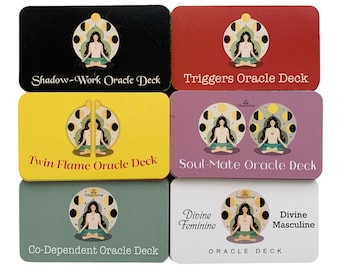 May include: Six different oracle decks with colorful backgrounds and illustrations of a person meditating. The decks are labeled "Shadow-Work Oracle Deck", "Triggers Oracle Deck", "Twin Flame Oracle Deck", "Soul-Mate Oracle Deck", "Co-Dependent Oracle Deck", and "Divine Feminine Divine Masculine Oracle Deck".