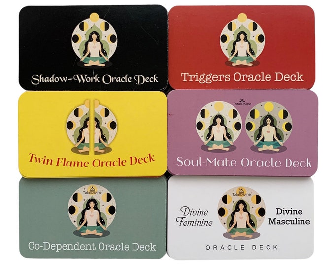 Shadow-Work, Triggers, Twin Flame, Soul-Mate, Co-Dependent and Divine Feminine & Devine Masculine Oracle Decks (6 total, travel sizes).
