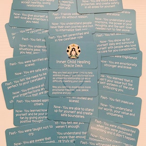 May include: A set of blue cards with rounded corners and white text. Each card features a phrase about inner child healing, such as "You understand your emotions, the power in your thoughts, and the self-love needed not to feel alone." and "You are more aware, protected, and create safety in all areas for yourself."