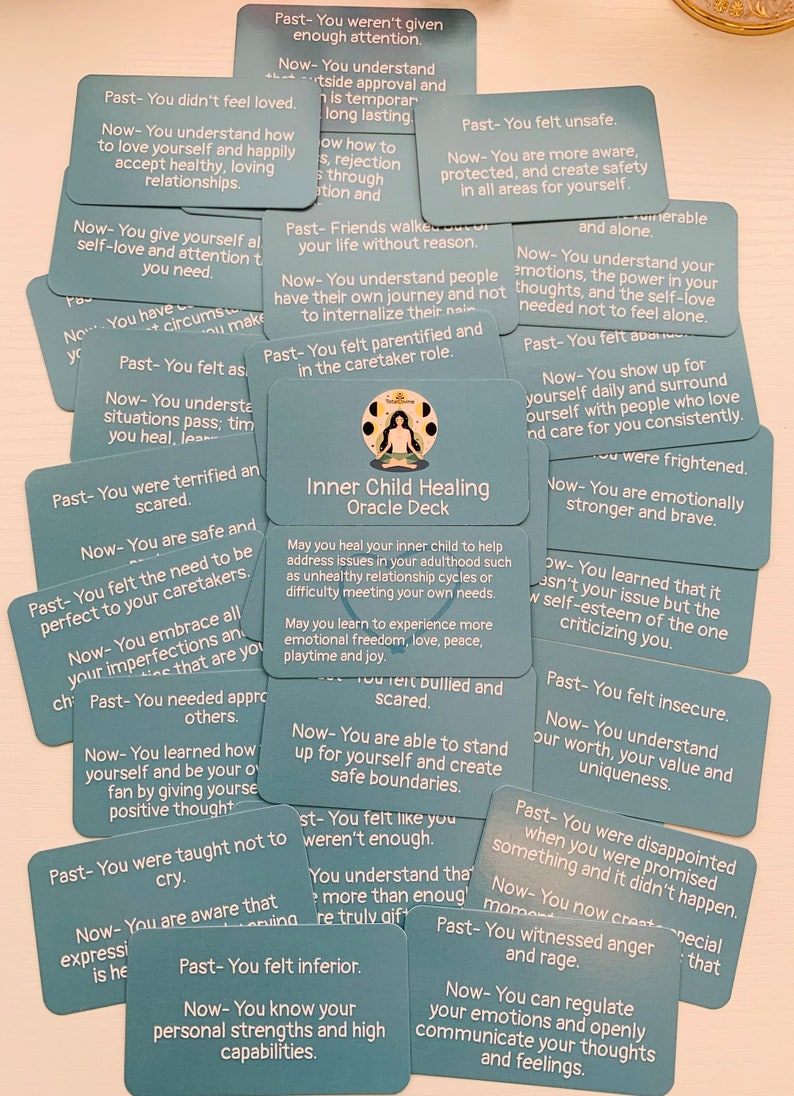 May include: A set of blue cards with rounded corners and white text. Each card features a phrase about inner child healing, such as "You understand your emotions, the power in your thoughts, and the self-love needed not to feel alone." and "You are more aware, protected, and create safety in all areas for yourself."