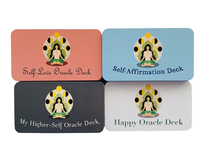 Self-Love, Self-Affirmation, My Higher-Self & Happy Oracle Decks (4 total, travel sizes).