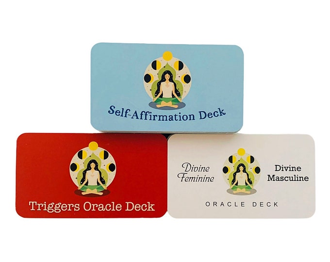 Self-Affirmation Deck, Triggers and Divine Feminine & Divine Masculine Oracle Decks (3 total, travel sizes).
