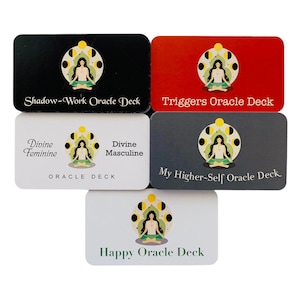 May include: Five different oracle decks with a black, red, gray, white, and light blue background. Each deck features a woman meditating with a moon and stars design. The text on the decks reads "Shadow-Work Oracle Deck", "Triggers Oracle Deck", "Divine Feminine Divine Masculine Oracle Deck", "My Higher-Self Oracle Deck", and "Happy Oracle Deck".