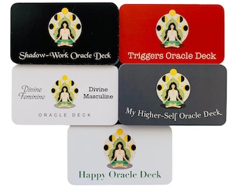 Shadow-Work, Triggers, DF & DM, My Higher-Self and Happy Oracle Deck (5 total, travel sizes).