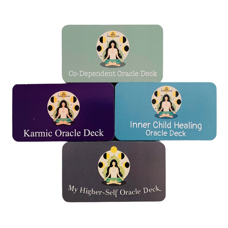 May include: Four different oracle decks with a woman meditating in a circle of moons. The decks are titled "Co-Dependent Oracle Deck", "Inner Child Healing Oracle Deck", "Karmic Oracle Deck", and "My Higher-Self Oracle Deck".