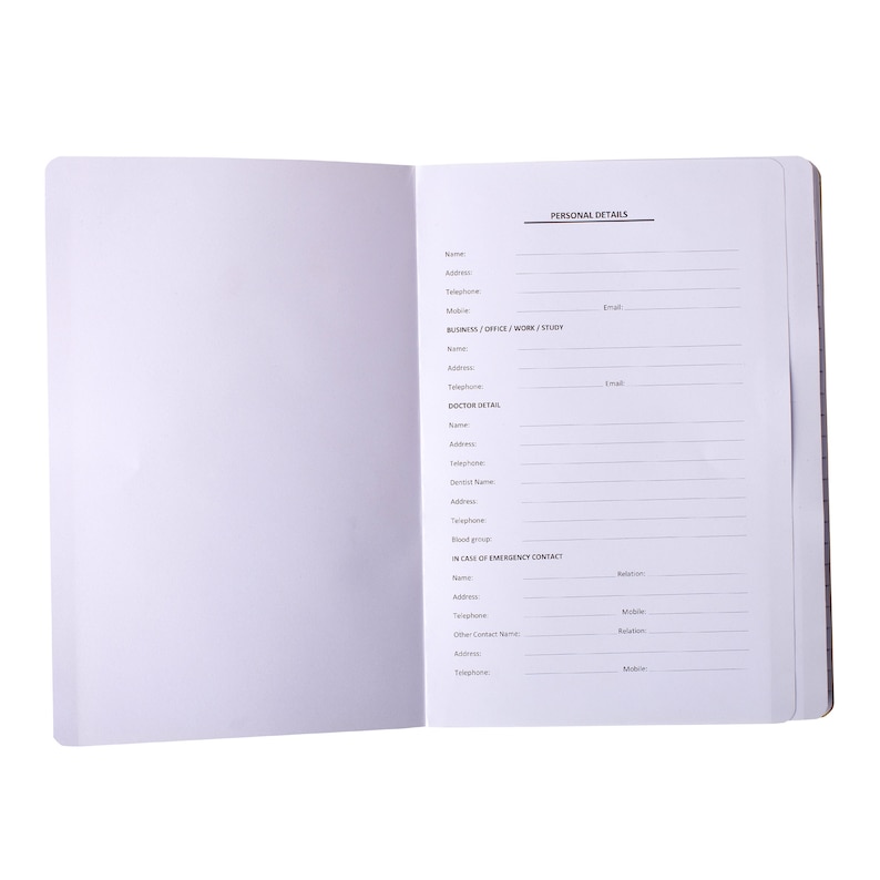 May include: An open notebook with blank pages on the left and a page with "PERSONAL DETAILS" and contact information fields on the right. The fields include name, address, phone, and emergency contact details.