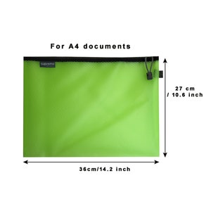 May include: Bright green A4 document pouch with a black zipper and drawstring closure. The pouch is 14.2 inches wide and 10.6 inches tall. The text "For A4 documents" is printed at the top.