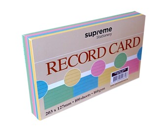Record Card Ruled Cards Multi-Coloured Sheets 160gsm Thick Paper 203 X 127mm - 8" x 5" Colour Revision Record 6mm Lined Margin Cards