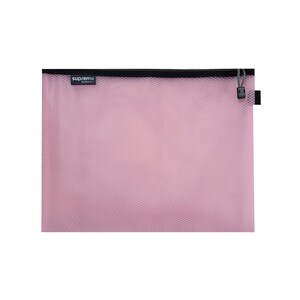May include: A pink mesh document pouch with a black zipper and a small black tag. The pouch has a diamond pattern and the text "supreme stationery" is printed on a small black label.