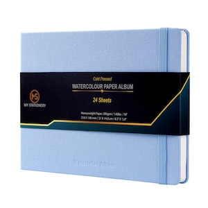 A5 Watercolour Pad Cold Pressed Hardcover Sewn Binding Paper 100% Cotton Ivory Colour 140lb (300gsm) Paper Linen Fabric Cover – 24 Sheets Sky Blue Cover