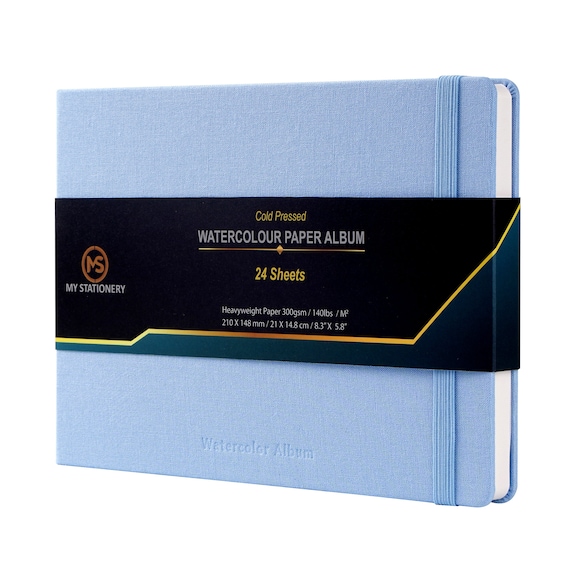 A5 Watercolour Pad Cold Pressed Hardcover Sewn Binding Paper 100% Cotton Ivory Colour 140lb (300gsm) Paper Linen Fabric Cover – 24 Sheets
