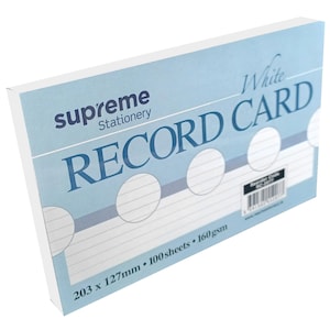 May include: A white record card pad with a light blue cover. The cover features the text "Supreme Stationery" and "White RECORD CARD" in a bold, blue font. The pad measures 203 x 127mm and contains 100 sheets of 160 gsm paper. The design includes lined pages and circular accents.