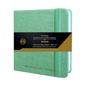 Cuaderno de acuarela, prensado en caliente, 300 g/m², 100 % algodón, papel sin ácido, 24 hojas (48 páginas), 12 x 12 cm (4,7 x 4,7 pulgadas), cubierta de tela de lino.