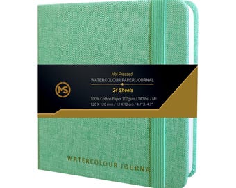 Watercolour Journal Hot Pressed 300gsm 100% Cotton Acid-Free Paper 24 Sheets (48 Pages) 12 X 12 CM / 4.7 X 4.7-Inch Linen Fabric Cover Pad