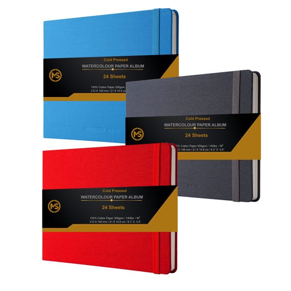 Watercolour Sketchbook Journal 300gsm /140lb 100% Cotton Paper 24 Sheets Cold-Press Sewn Binding 8.3" X 5.8" for Artists-Linen Fabric Cover