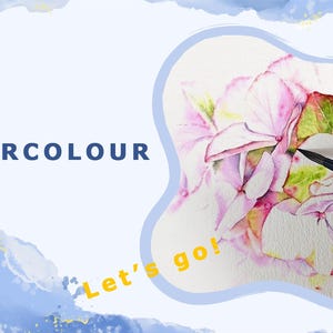 Puede incluir: Una pintura de acuarela de flores rosas con hojas verdes. La pintura se est&aacute; creando con un pincel y acuarelas. El texto "WATERCOLOUR Let's go!" es visible en la imagen.