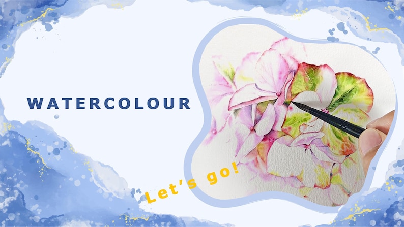 Puede incluir: Una pintura de acuarela de flores rosas con hojas verdes. La pintura se est&aacute; creando con un pincel y acuarelas. El texto "WATERCOLOUR Let's go!" es visible en la imagen.