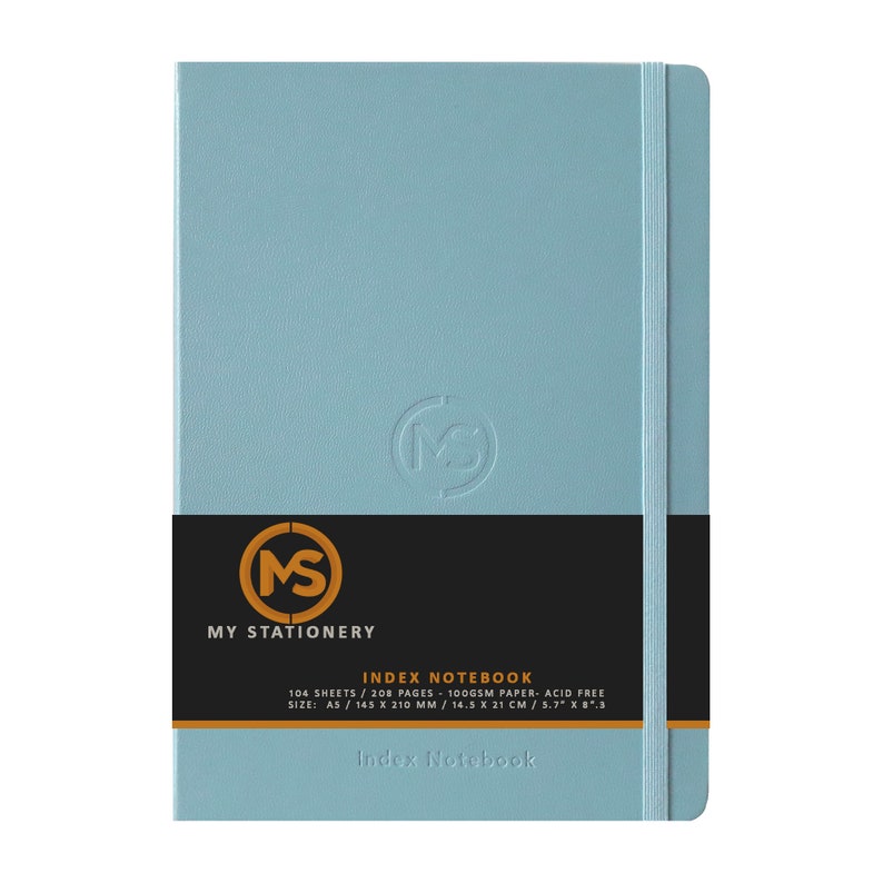 May include: A light blue A5 index notebook with a matching elastic band closure. The notebook features the text "MY STATIONERY" and "INDEX NOTEBOOK" on the cover. The notebook measures 5.7" x 8.3".