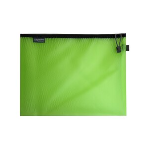 May include: A bright green document pouch with a mesh-like texture. The pouch has a black zipper and a drawstring closure. The upper left corner features a small label with the text "supreme stationery".