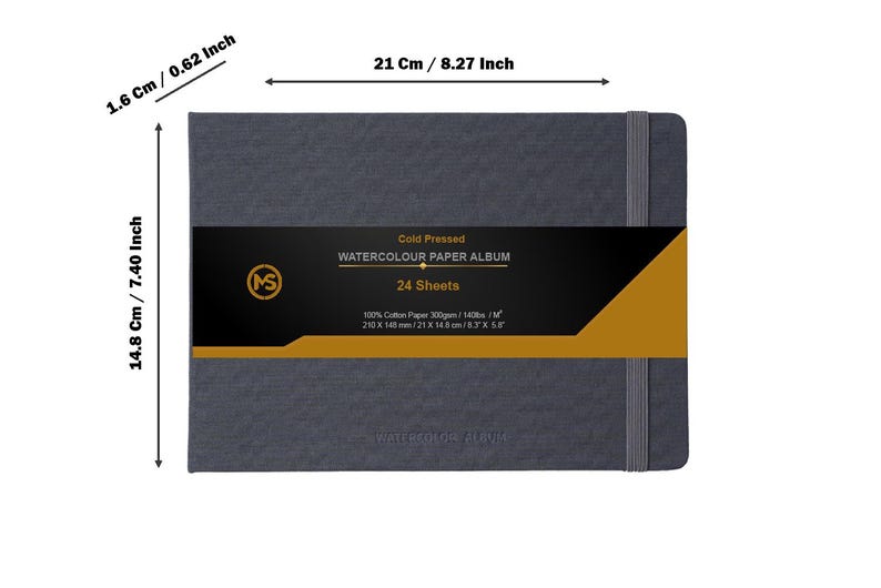 May include: A grey watercolour paper album with a black and gold label. The label says "Cold Pressed Watercolour Paper Album, 24 Sheets". The album measures 21 cm by 14.8 cm.