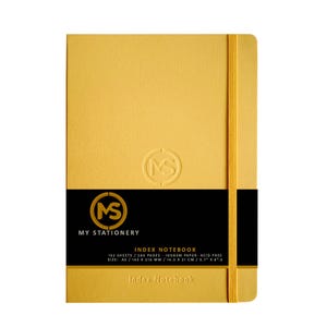 May include: A gold-colored index notebook with a matching elastic band closure. The notebook features the text "MY STATIONERY" and "INDEX NOTEBOOK" on a black band. The notebook is A5 size, measuring 5.7" x 8.3".