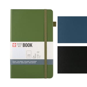 May include: A green squared notebook with an elastic band closure. The notebook has the text "SQUARED NOTE BOOK" and includes a grid journal. The notebook is large and contains 80 sheets.