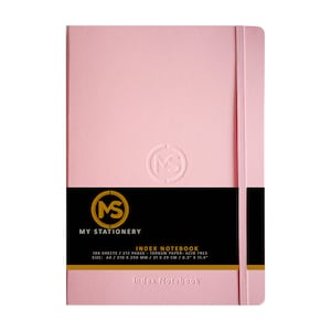 May include: A pink index notebook with a black and gold logo that says "MS MY STATIONERY". The notebook has 106 sheets, 212 pages, and is acid free. The size is A4, 210 x 290 mm, 21 x 29 cm, 8.3" x 11.4".