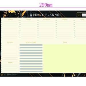 May include: A black and gold weekly planner with a marble design. The planner has sections for Monday through Friday, Saturday, Sunday, important tasks, and notes. It measures 210mm by 290mm.