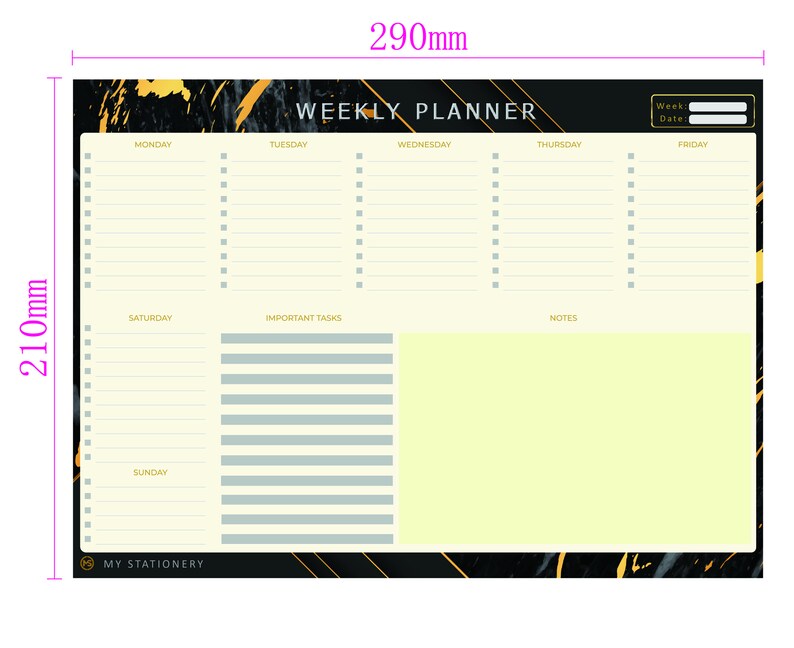 May include: A black and gold weekly planner with a marble design. The planner has sections for Monday through Friday, Saturday, Sunday, important tasks, and notes. It measures 210mm by 290mm.