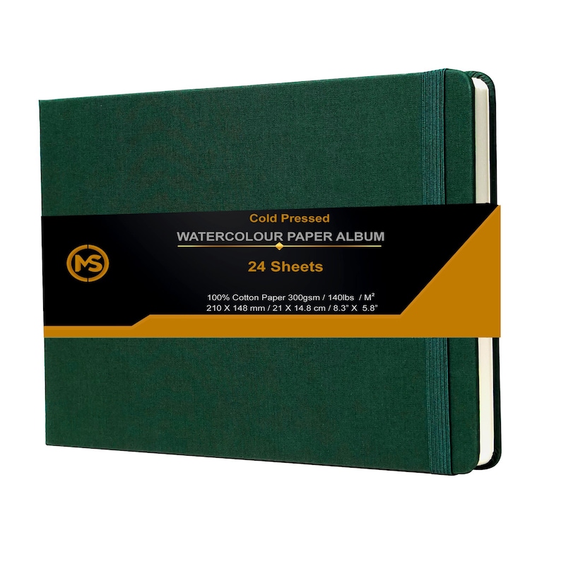 Watercolour Sketchbook Journal 300gsm /140lb 100% Cotton Paper 24 Sheets Cold-Press Sewn Binding 8.3" X 5.8" for Artists-Linen Fabric Cover Dark Green